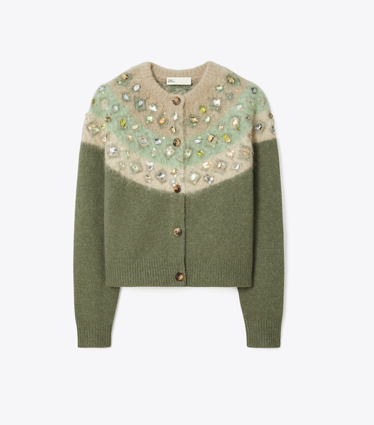 Tory Burch designer strickware Verzierter Cardigan aus Wolle in Gray / Shadow Green Melange front
