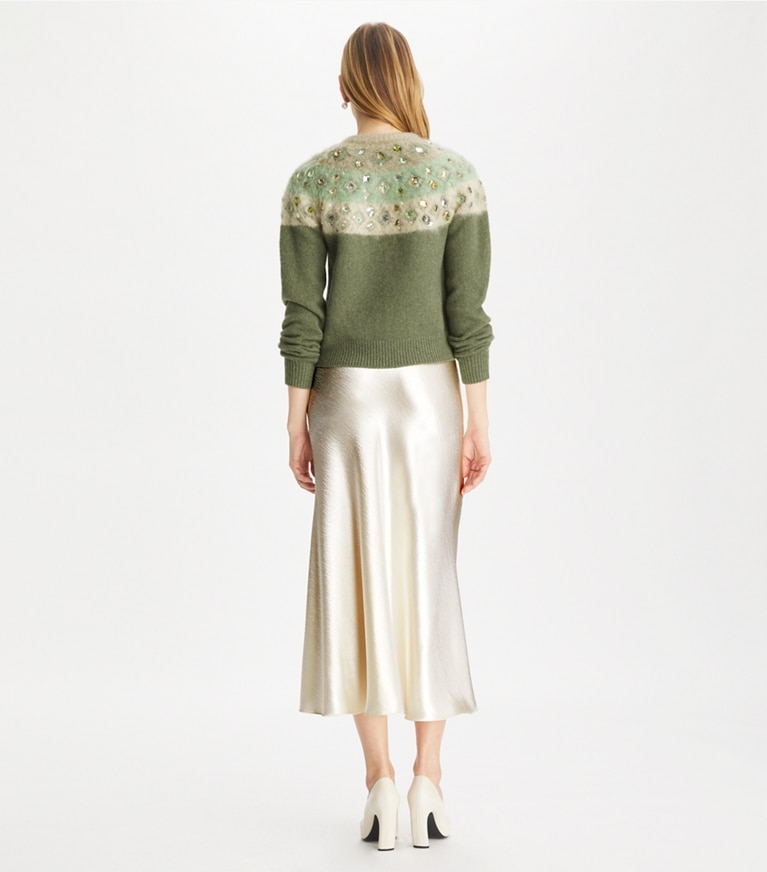 Tory Burch designer strickware Verzierter Cardigan aus Wolle in Gray / Shadow Green Melange front