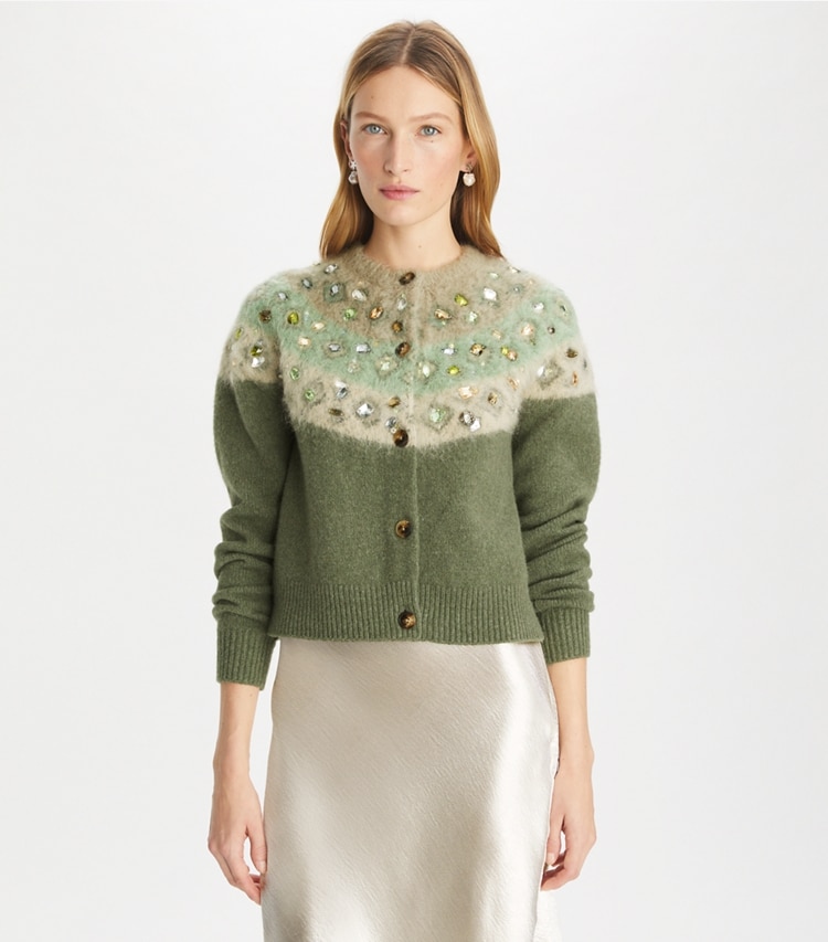 Tory Burch designer strickware Verzierter Cardigan aus Wolle in Gray / Shadow Green Melange on model detail