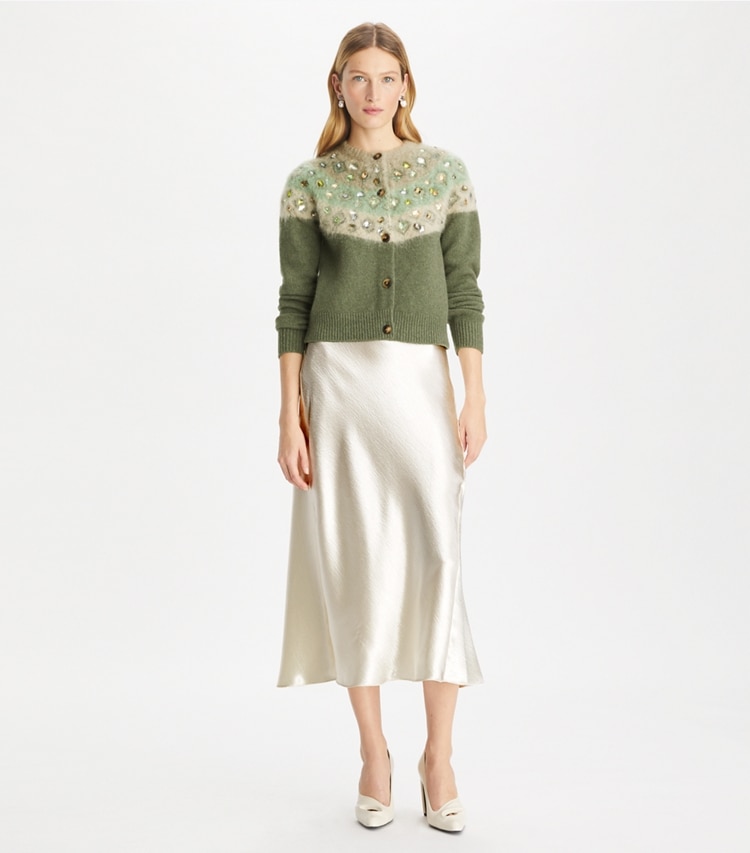 Tory Burch designer strickware Verzierter Cardigan aus Wolle in Gray / Shadow Green Melange modell von vorn
