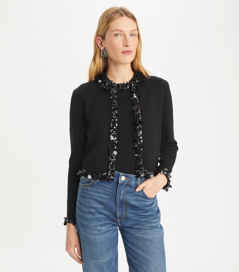 Tory Burch designer strickware Verzierter Crop-Cardigan in Black front
