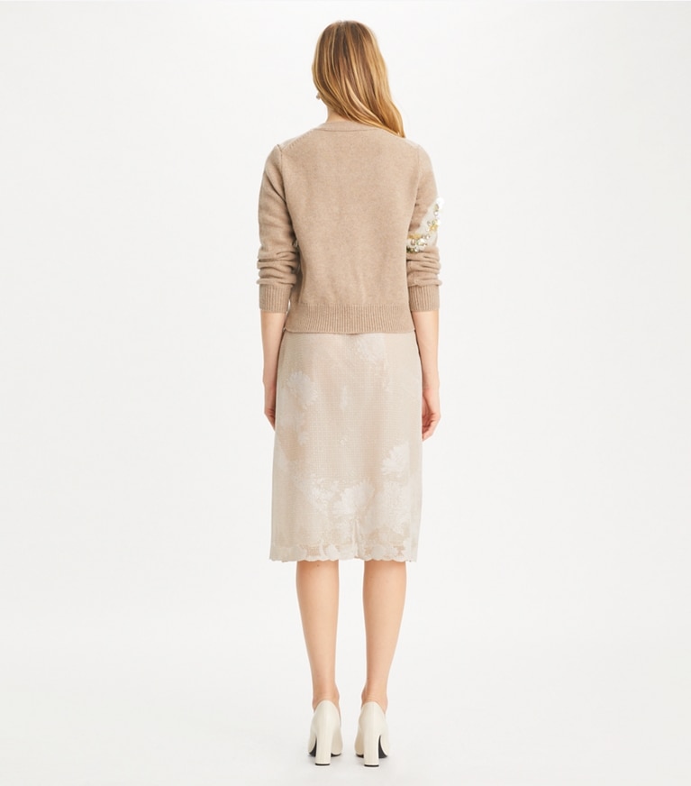 Tory Burch designer strickware Verzierter Snake Cardigan in Oatmeal Melange front