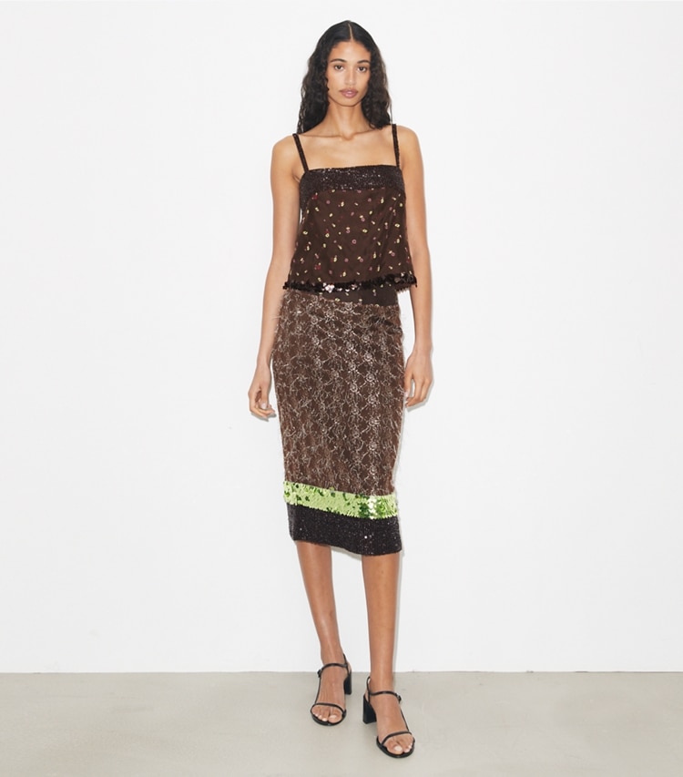 Tory Burch designer unterteile Verzierter Spitzenrock in Coffee modell von vorn