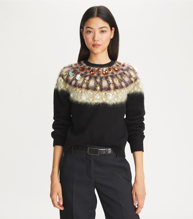 Tory Burch designer strickware Verzierter Wollpullover in Black on model detail