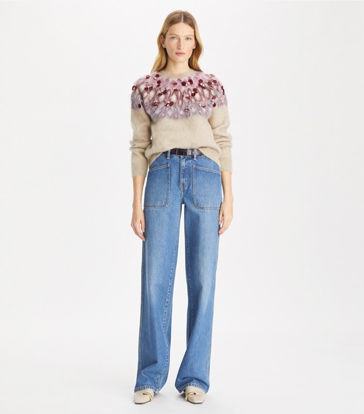 Tory Burch designer strickware Verzierter Wollpullover in Beige Stone / Mulberry Wine modell von vorn