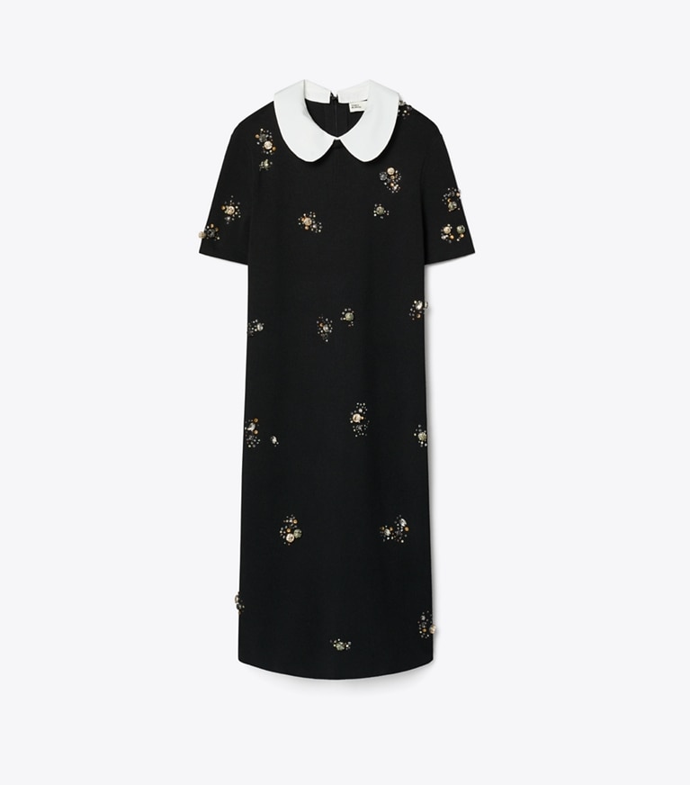 Tory Burch designer kleider Verziertes Pulloverkleid mit Popelinekragen in Black front