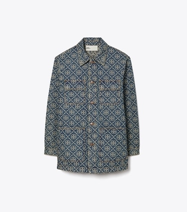 Tory Burch designer vestes Veste Barn en denim cargo dans T-Monogram Vintage Wash de face