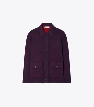 Tory Burch designer sweaters Veste Camp en laine dans Red Begonia / Evening Blue de face