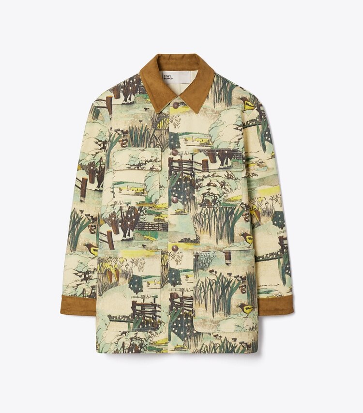 Tory Burch designer vestes Veste de campagne en denim imprimé in Yellow Forest front