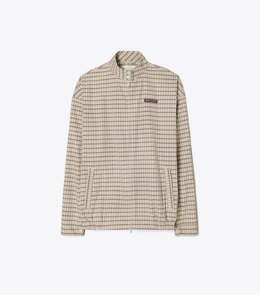 Tory Burch designer vestes Veste de golf en nylon à carreaux dans Crimson Rust Dense Plaid Sport de face