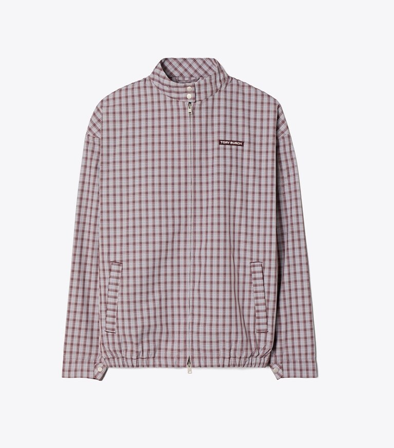 Tory Burch designer vestes Veste de golf en nylon à carreaux dans Burgundy Plaid de face