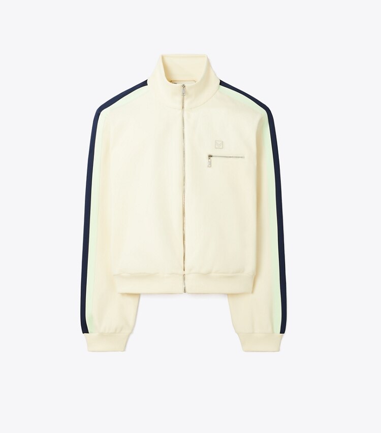 Tory Sport designer vestes Veste de survêtement en maille technique dans NEW IVORY de face