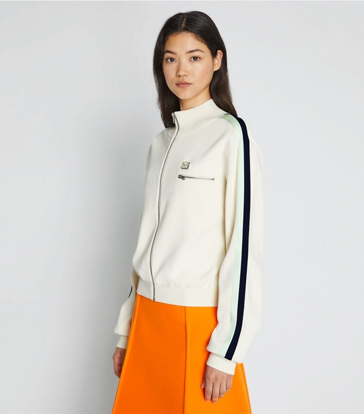 Tory Sport designer vestes Veste de survêtement en maille technique dans NEW IVORY détail sur modèle