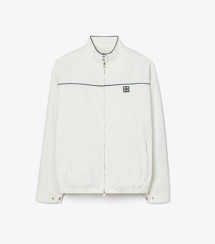 Tory Burch designer vestes Veste de tennis surdimensionnée en nylon dans Snow White de face