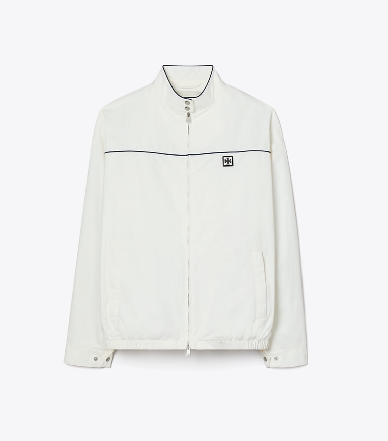 Tory Burch designer vestes Veste de tennis surdimensionnée en nylon dans Snow White de face