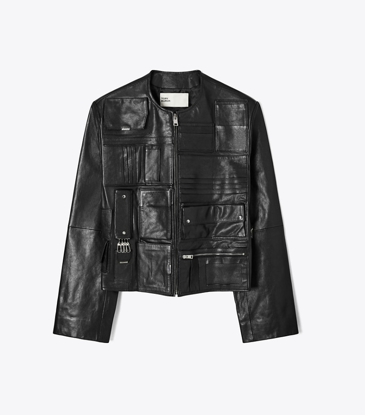 Tory Burch designer vestes Veste en cuir sac à main dans Black de face