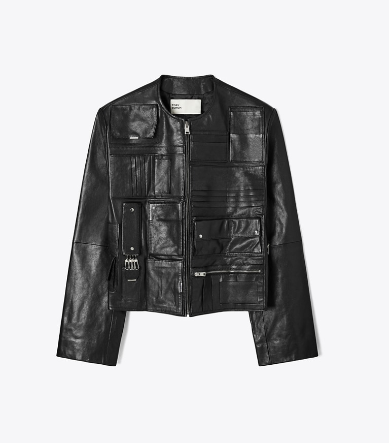 Tory Burch designer vestes Veste en cuir sac à main dans Black de face