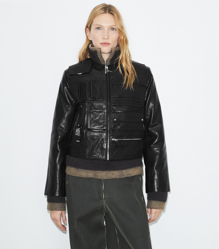 Tory Burch designer vestes Veste en cuir sac à main dans Black détail sur modèle