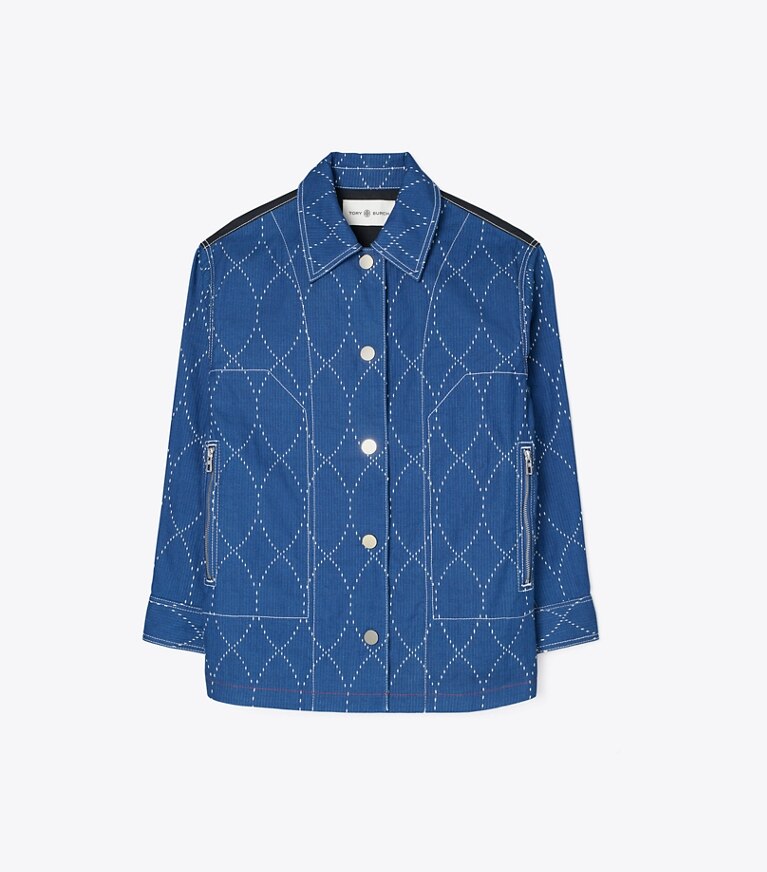 Tory Burch designer vestes Veste en denim à surpiqûres dans Blue/ White de face