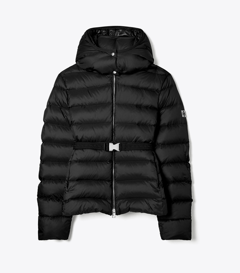 Tory Sport designer manteaux Veste en duvet matelassé à ceinture in Black front