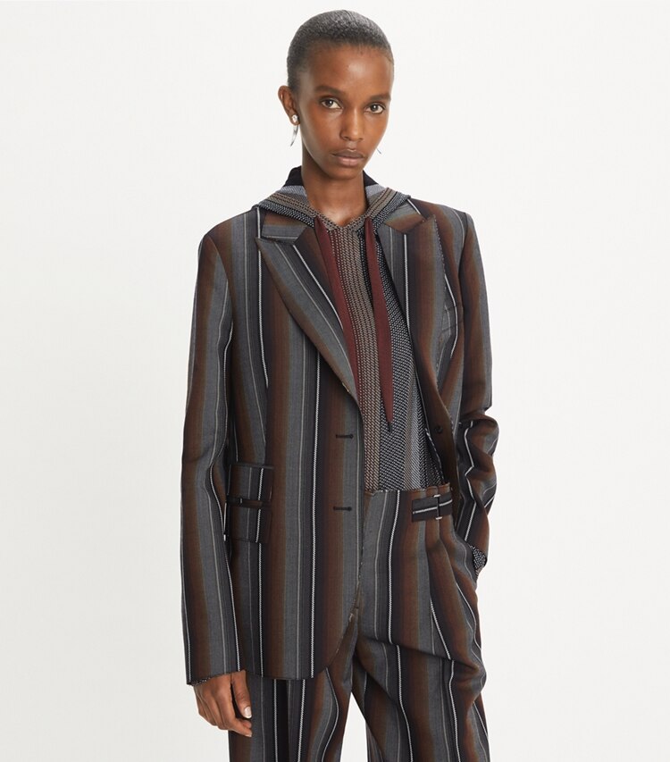 Tory Burch designer vestes Veste en jacquard de laine à rayures in Black/Rust on model detail
