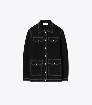 Tory Burch designer sweaters Veste en laine à surpiqûres dans Black de face