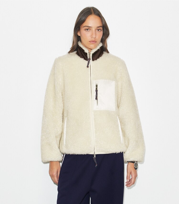 Tory Burch designer manteaux Veste en molleton colorblock dans Ivory détail sur modèle