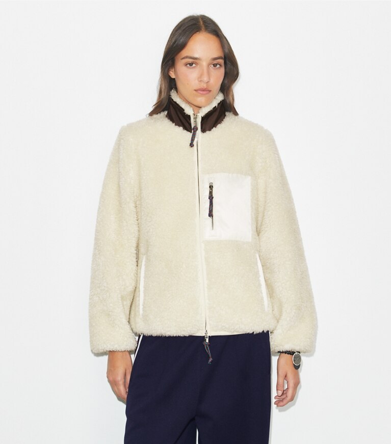 Tory Burch designer manteaux Veste en molleton colorblock dans Ivory détail sur modèle