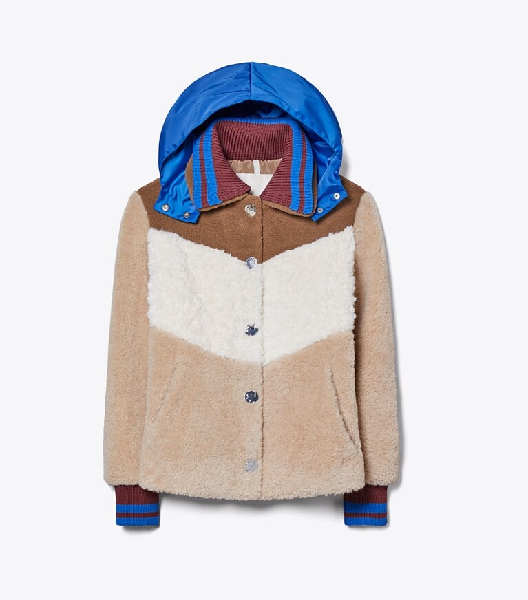 Tory Sport designer manteaux Veste en polaire color-block à capuche in Brown / Ivory / Oatmeal front