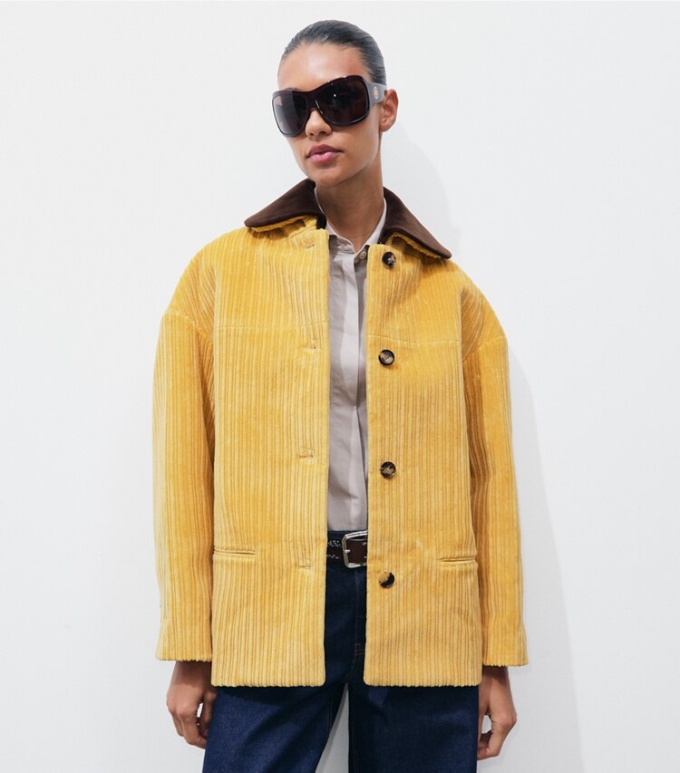 Tory Burch designer vestes Veste en velours côtelé Buddy dans Cornmeal détail sur modèle