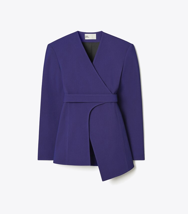 Tory Burch designer vestes Veste portefeuille asymétrique en jersey piqué in Ballpoint Blue front