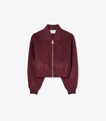Tory Burch designer vestes Veste réversible en laine in Burgundy T-Monogram JQD front