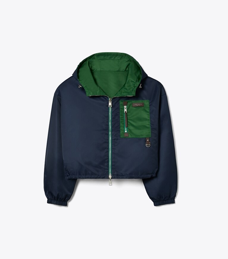 Tory Burch designer vestes Veste réversible en nylon coupe 7/8 dans Dark Green / Navy compactable et réversible