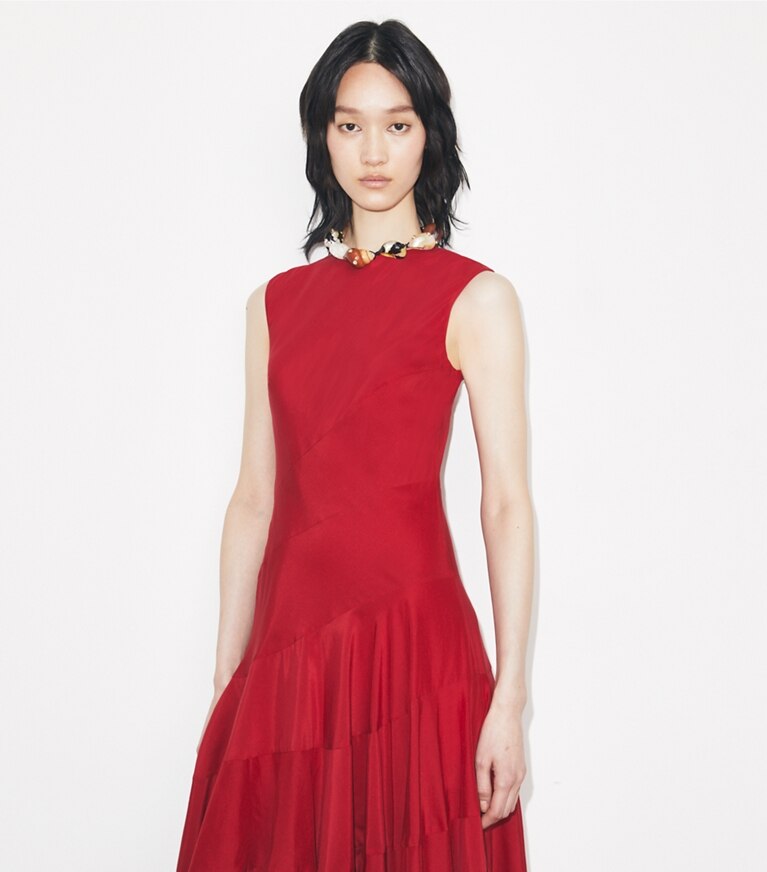 Tory Burch diseñador vestidos Vestido acampanado de algodón y seda en Toucan Red detalle en modelo