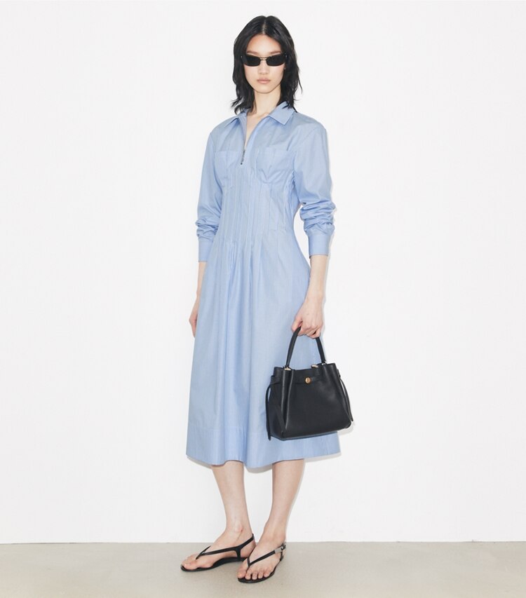 Tory Burch diseñador vestidos Vestido camisero a rayas en Blue Stripe frente en modelo