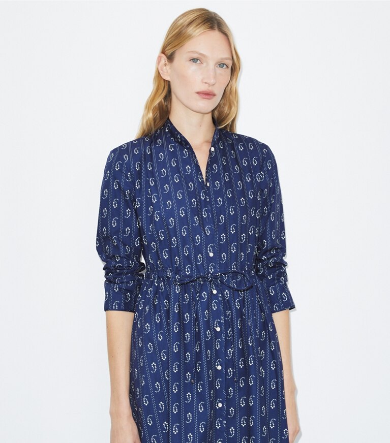 Tory Burch diseñador vestidos Vestido camisero de algodón en Blue Paisley detalle en modelo