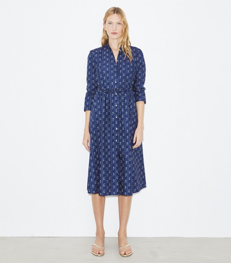 Tory Burch diseñador vestidos Vestido camisero de algodón en Blue Paisley frente en modelo