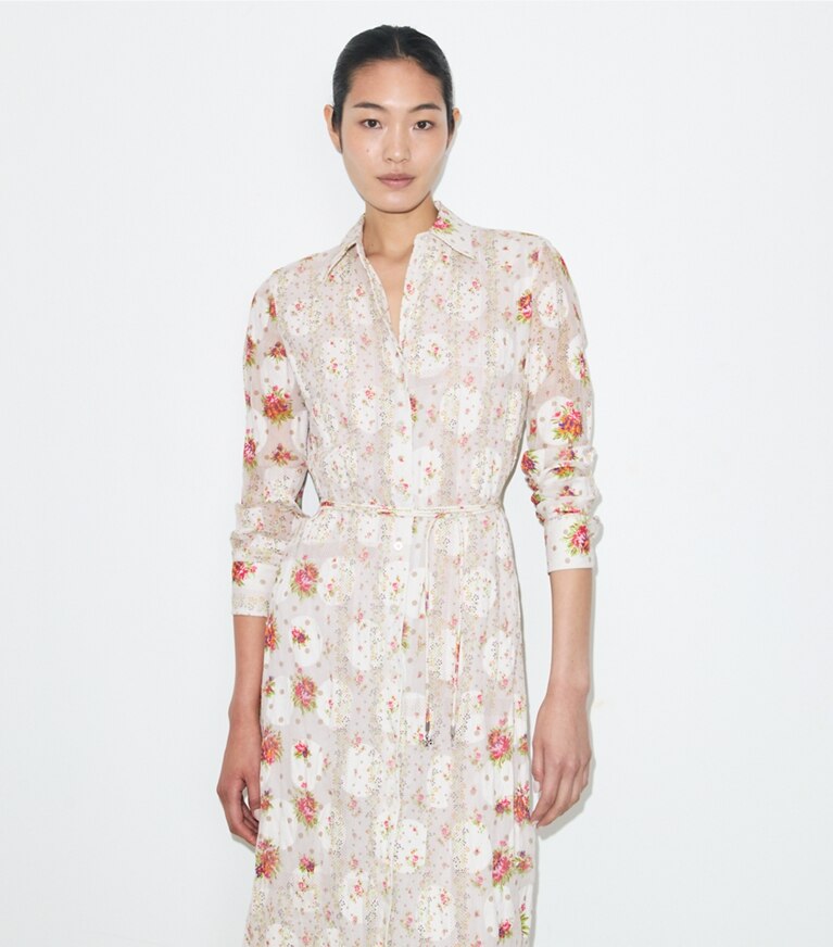 Tory Burch diseñador vestidos Vestido camisero de jacquard de algodón en Multi Floral detalle en modelo
