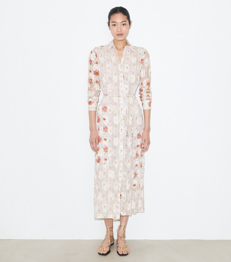 Tory Burch diseñador vestidos Vestido camisero de jacquard de algodón en Multi Floral frente en modelo