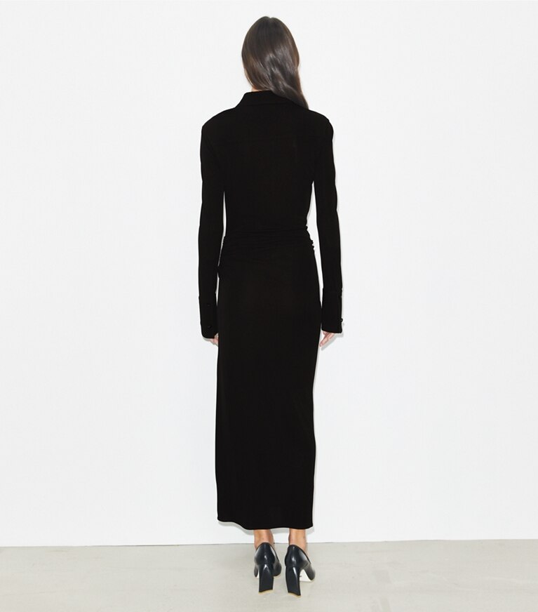 Tory Burch diseñador vestidos Vestido camisero de jersey en Black parte posterior en modelo
