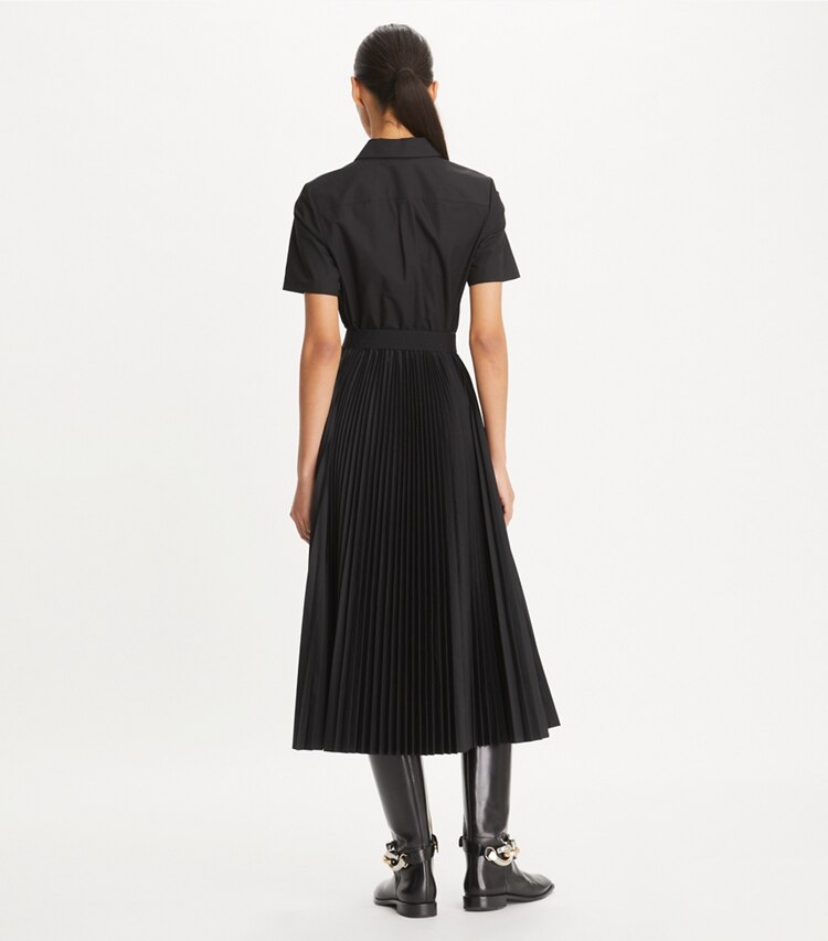 Tory Burch diseñador vestidos Vestido camisero de poplín plisado en Black parte posterior en modelo