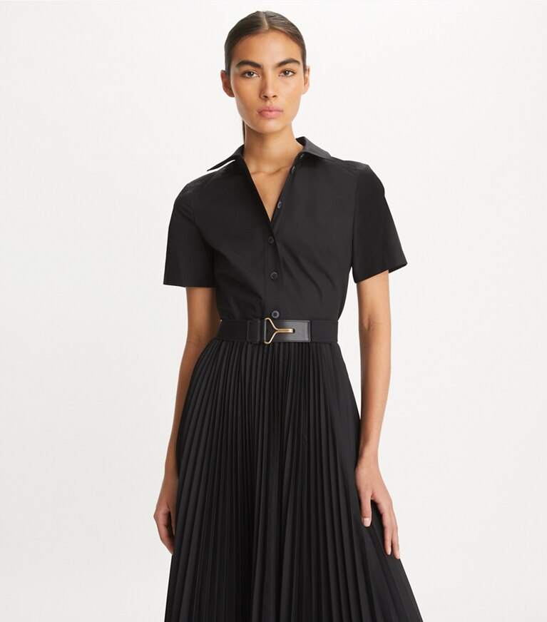 Tory Burch diseñador vestidos Vestido camisero de poplín plisado en Black detalle en modelo