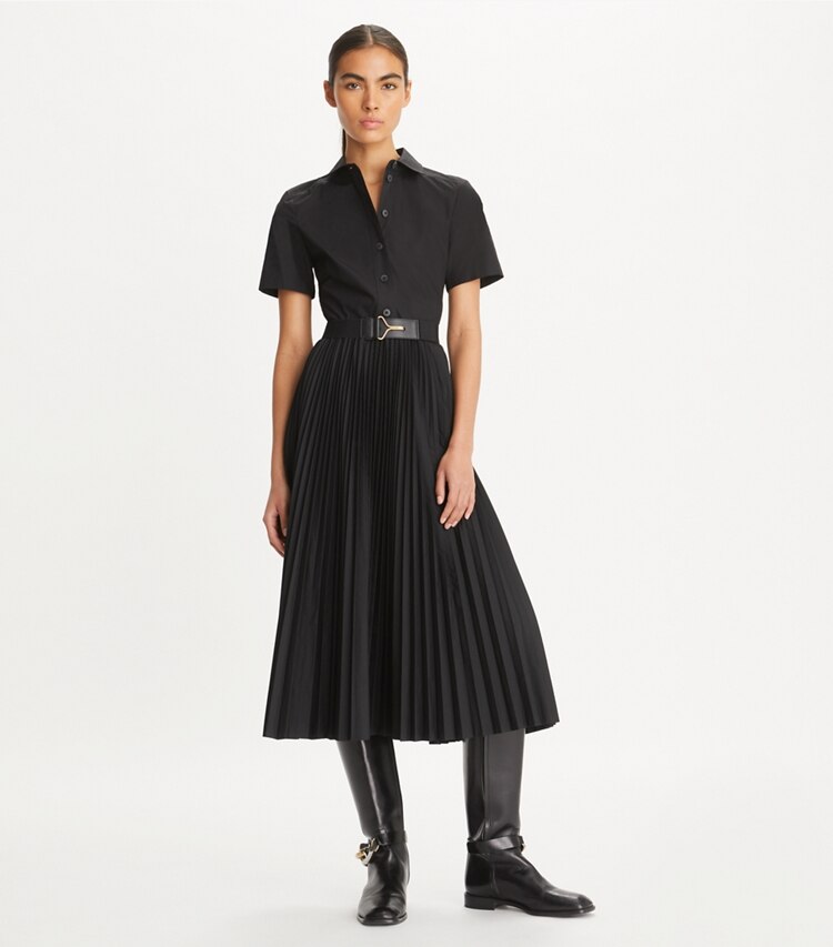 Tory Burch diseñador vestidos Vestido camisero de poplín plisado en Black frente en modelo