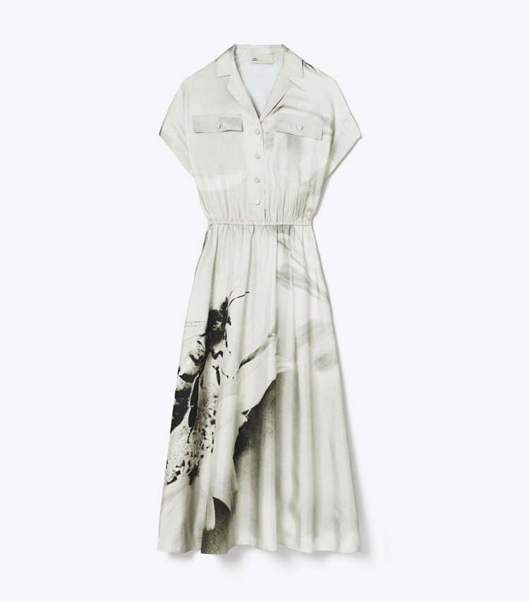 Tory Burch diseñador vestidos Vestido camisero de sarga de seda estampada en Gray Bee frente