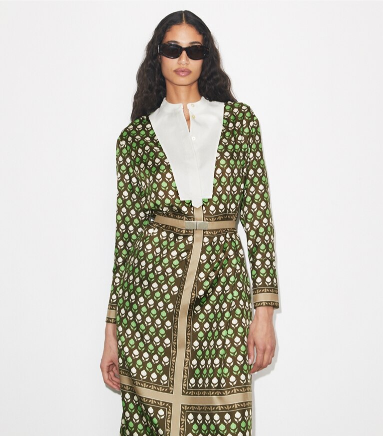 Tory Burch diseñador vestidos Vestido camisero de seda en Chocolate Pomegranate adicional en modelo