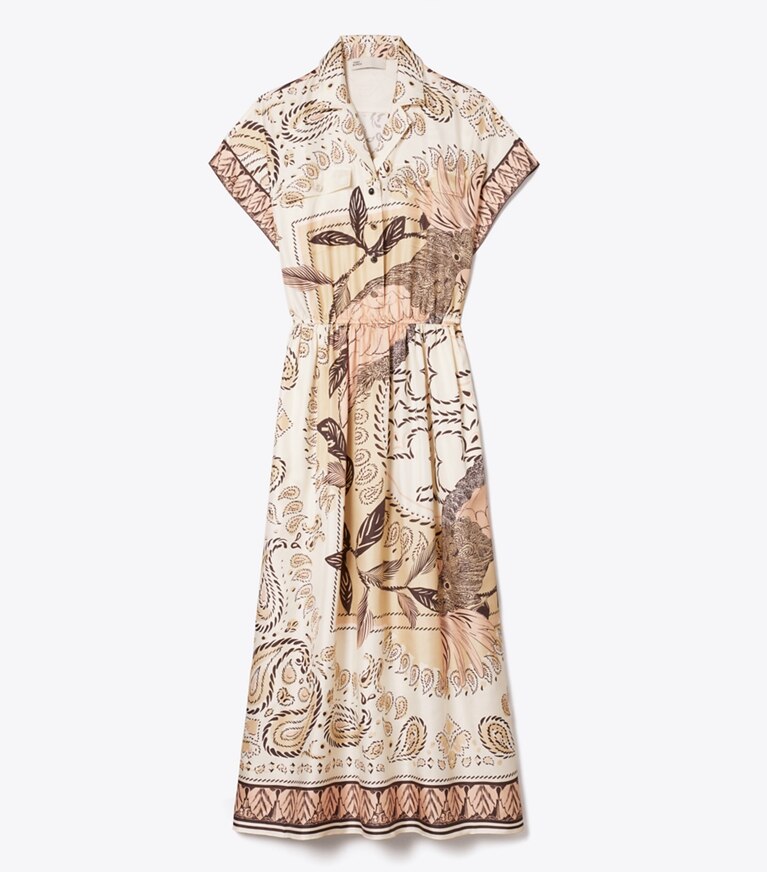 Tory Burch diseñador vestidos Vestido camisero de seda con cintura en Pink Cockatoo frente
