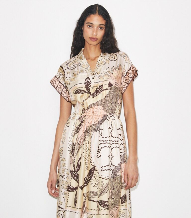 Tory Burch diseñador vestidos Vestido camisero de seda con cintura en Pink Cockatoo detalle en modelo