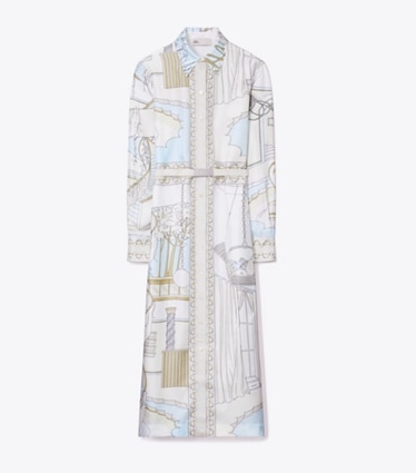 Tory Burch diseñador vestidos Vestido camisero de seda estampada en The Pool Beige frente