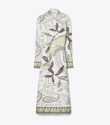 Tory Burch diseñador vestidos Vestido camisero de seda estampada en Mint Cockatoo frente