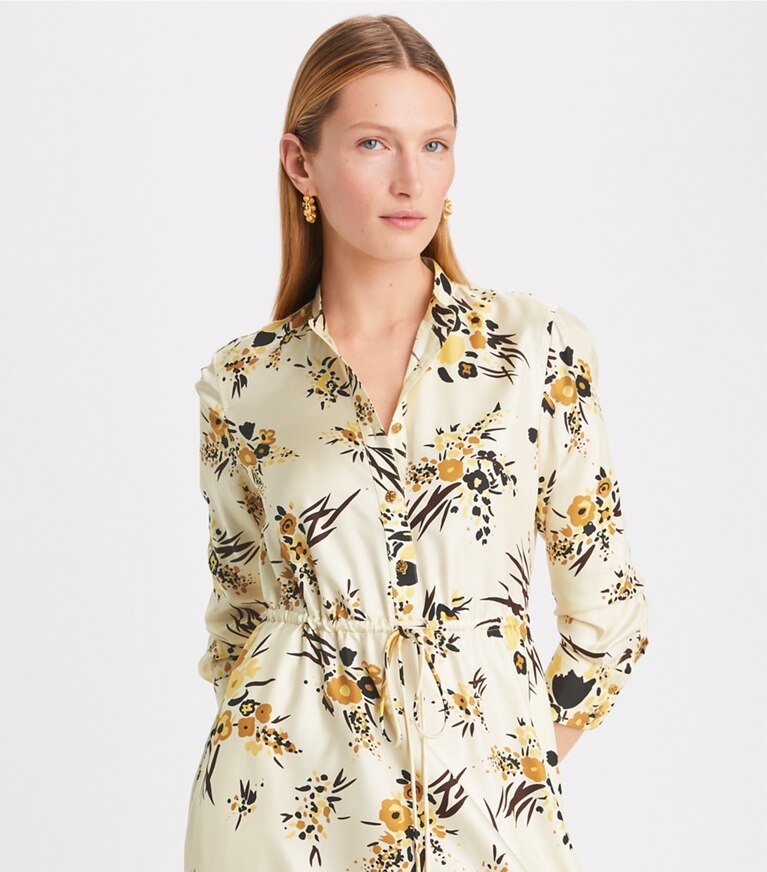 Tory Burch diseñador vestidos Vestido camisero de seda estampada en French Cream Multi detalle en modelo